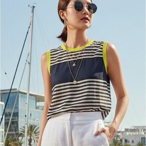 88# Toska Black and White Striped Top with Neon and Navy Blue Accents